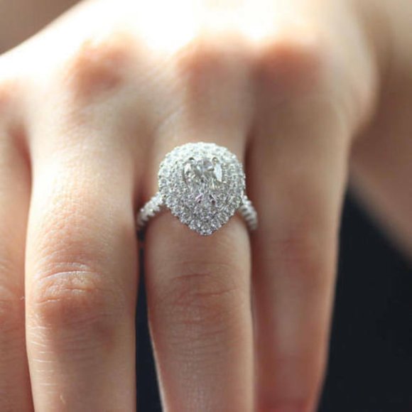 1.50 ct Pear Diamond Halo Sterling Silver Engagement Ring VVS1/D Moissanite Gems - Picture 3 of 8